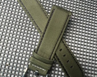 OLIVE GREEN Sailcloth Canvas/Leather watch band strap BLACK Stitch