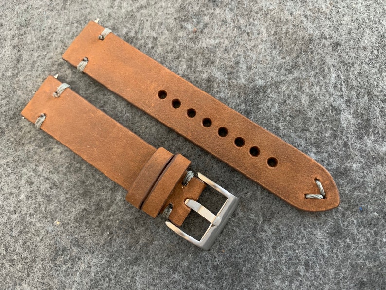 DARK BROWN Crazy Horse Leather Vintage Watch strap GRAY stitch image 10