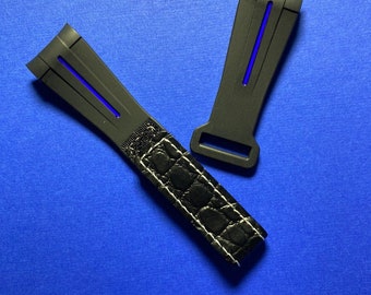 BLACK Vulcanized Rubber Strap GMT BLUE stripe Rolex Watches Hook Loop Cinch