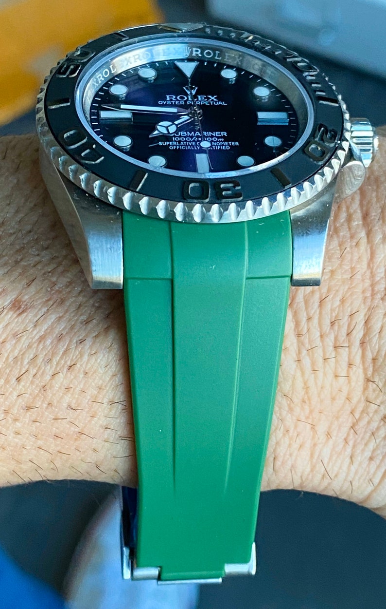 20mm Rubber GREEN Strap for Rolex watches Newer style cases with deployment buckle band strap image 8