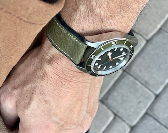 Olive GREEN Waterproof Rubber & Top Grain Leather strap, open WHITE stitching