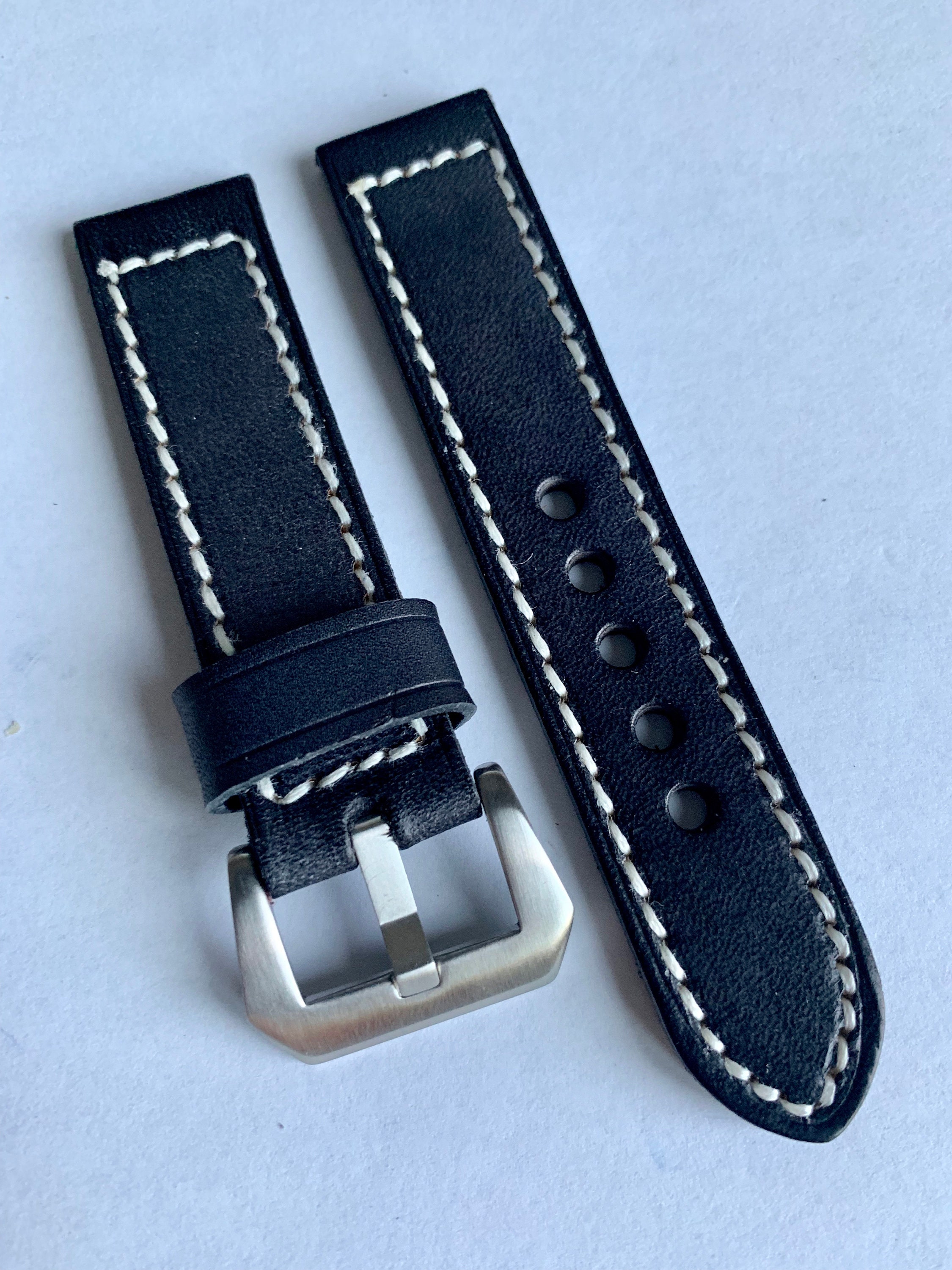 22mm Thick Handmade BLACK Strap WHITE Stitching Band | Etsy