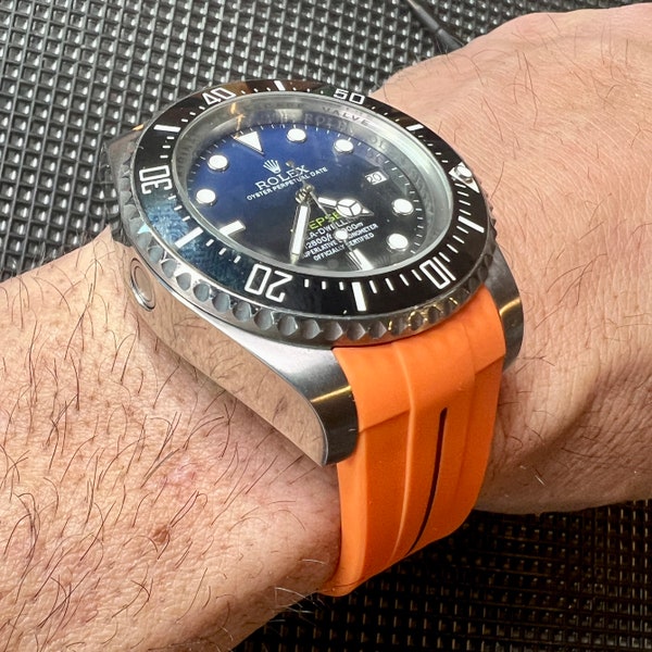 21mm Rubber ORANGE Strap for 44MM Rolex DEEPSEA only - BLACK stripe