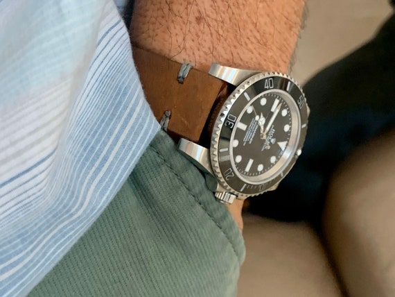 DARK BROWN Crazy Horse Leather Vintage Watch Strap GRAY Stitch