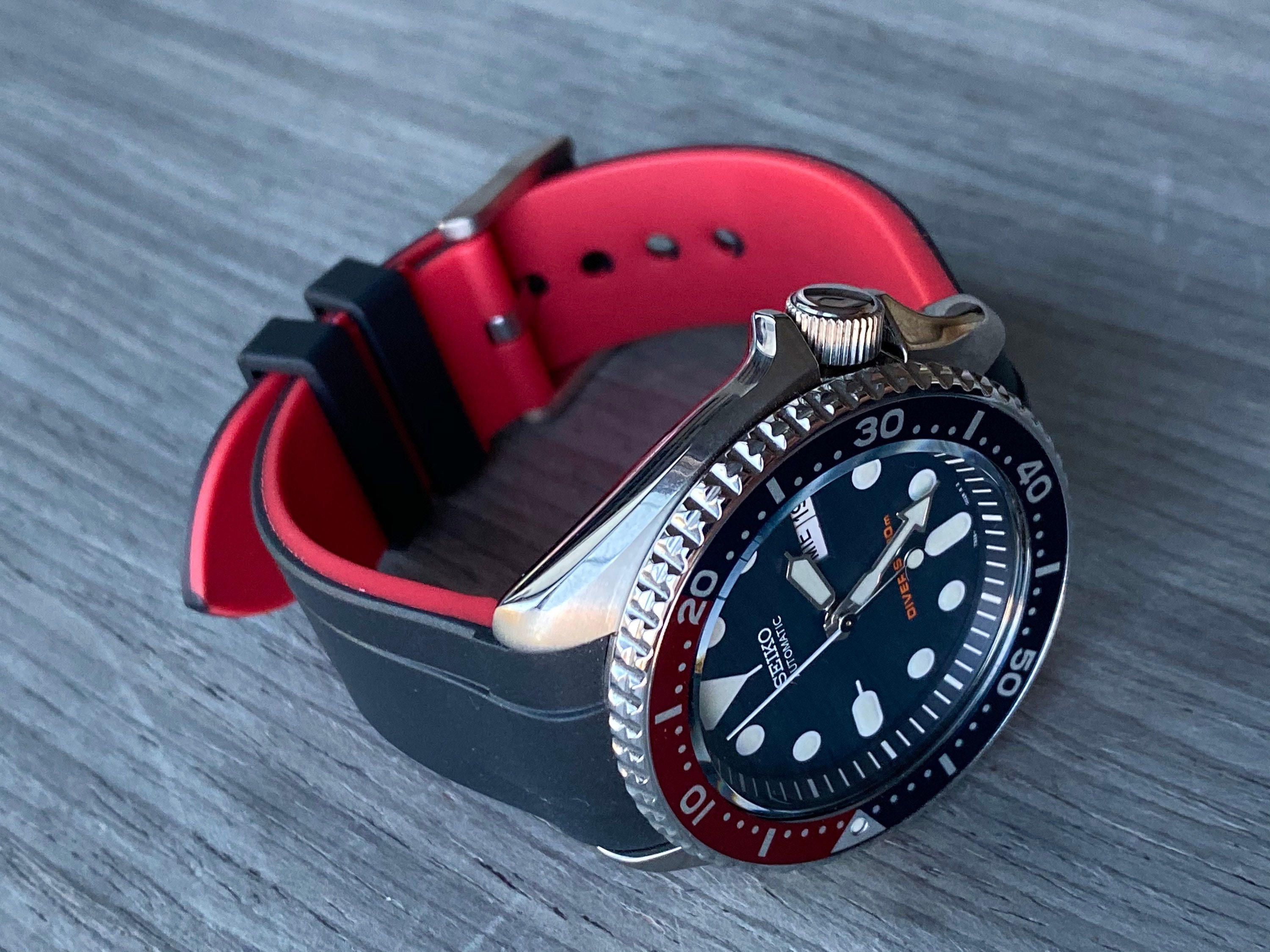 22mm BLACK/RED Vulcanized Rubber Strap Fits Some Seiko Watches - Etsy