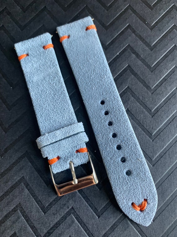 Light BLUE Suede Leather Watch Strap Band ORANGE Stitching Etsy