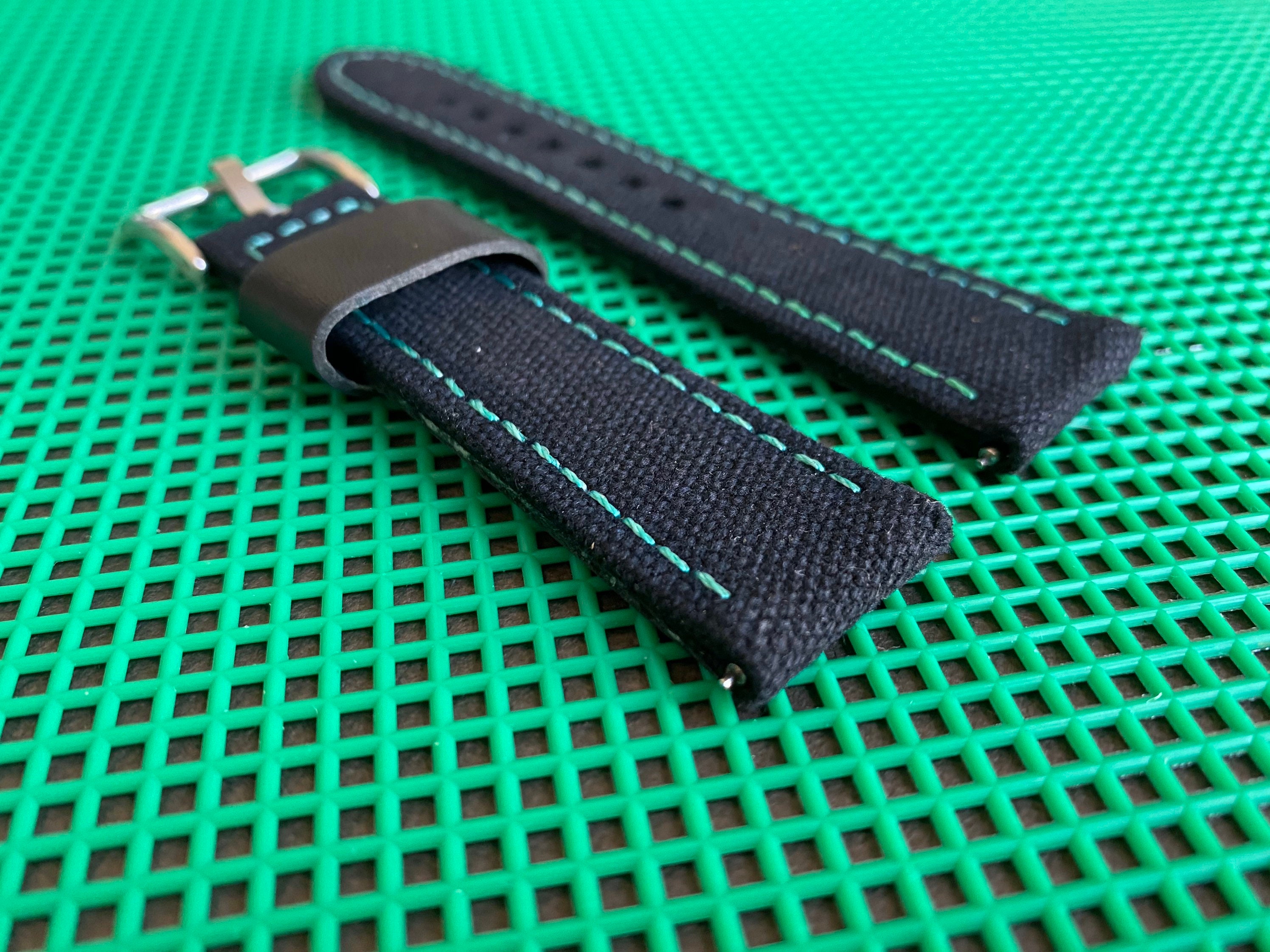 BLACK Canvas & Leather Watch Strap Band Slate GREEN Stitching Etsy