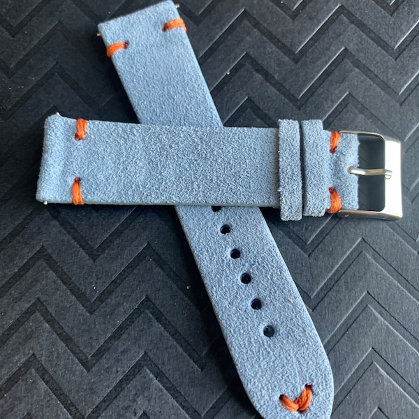 Light BLUE Suede Leather Watch strap Band ORANGE Stitching