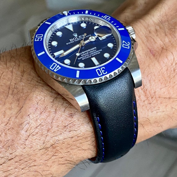 20mm BLACK Cowhide Leather Fitted curved Strap for Rolex Watches
