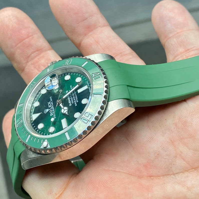 20mm Rubber GREEN Strap for Rolex watches Newer style cases with deployment buckle band strap image 9