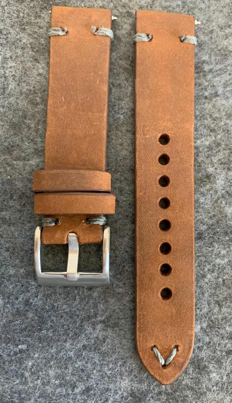 DARK BROWN Crazy Horse Leather Vintage Watch strap GRAY stitch image 6