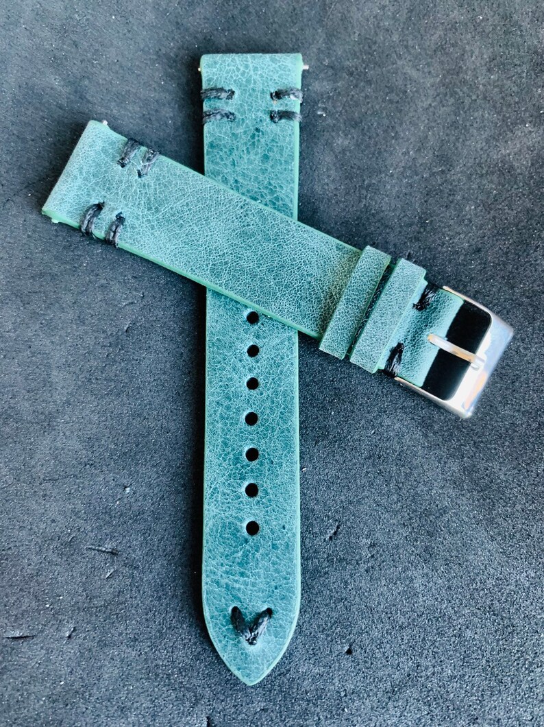 GREEN Vintage Leather Watch Strap Band Double BLACK Stitching Etsy