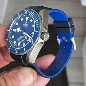 22mm BLACK/Lt. BLUE  Vulcanized Rubber strap for Tudor black bay & Pelagos watches