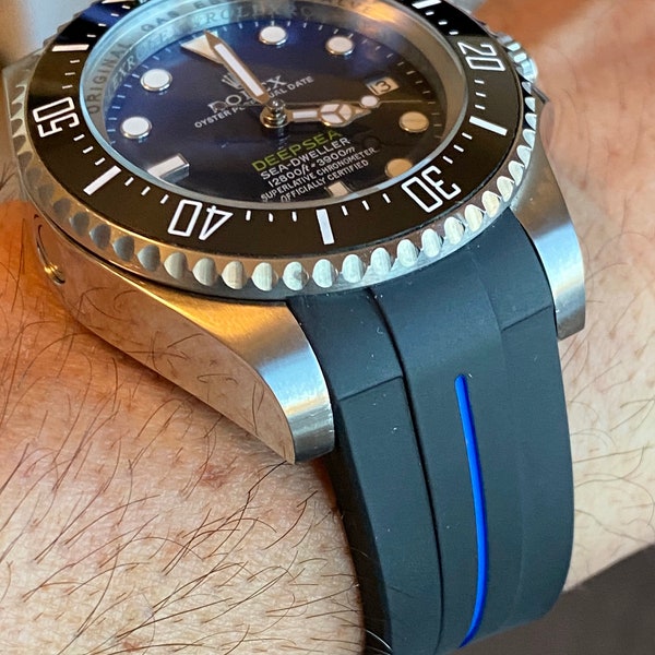 Correa negra de goma de 21 mm (raya azul) para 44 mm Rolex DEEPSEA oNly