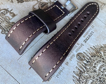 Dark BROWN Vegetable Tanned & Oiled Full Grain Leather Watch strap Band TAN Stitch