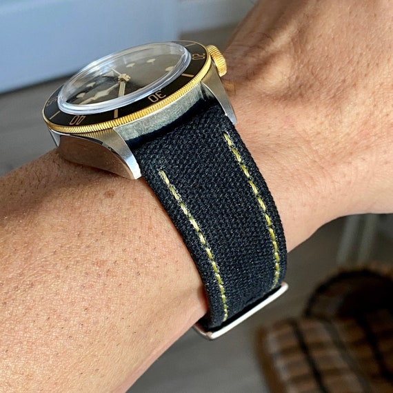 BLACK Canvas & Leather Watch Strap Band Slate WHITE Stitching 