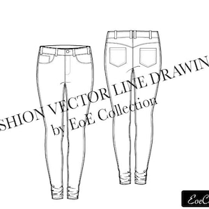 Women Skinny Jeans Front and Back - Fashion Vector line drawing Template clip art graphic illustrator downloadable digital