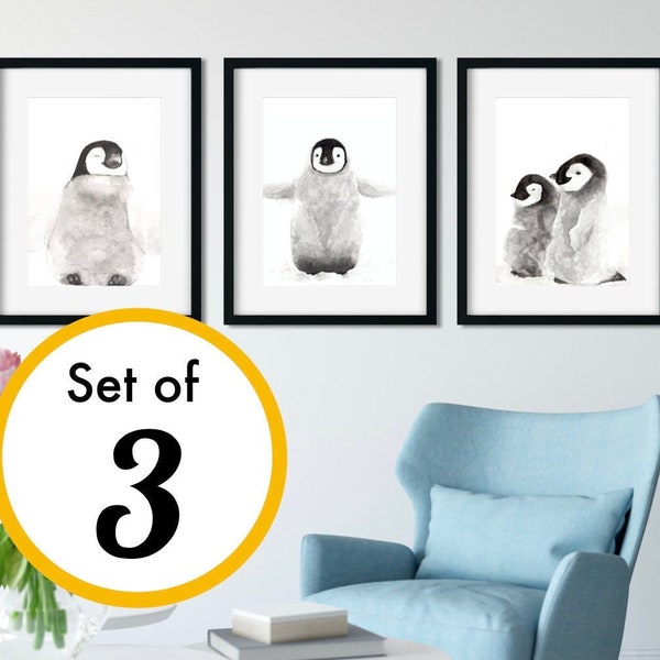 Set of 3 Watercolour Penguin Prints, Art print of Penguins, Prints for Penguin lovers, cute art, cute animal paintings