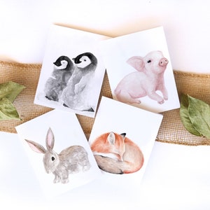 Ensemble de 4 jolies cartes de correspondance avec des animaux aquarelles, des cartes de correspondance avec des animaux, des cartes pour les amoureux des animaux, renard, lapin, lapin, porcelet, pingouin