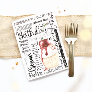 Cartão de aniversário de cupcake, cartão de aniversário em aquarela,