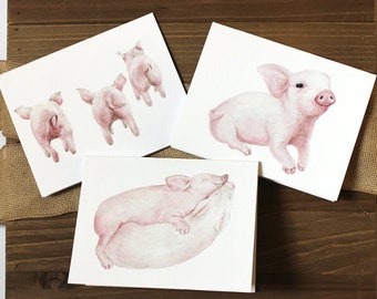6 Cute Baby Piglet Note Cards Pack, Watercolor Piggy Cards, Watercolour Baby Piggie Note Cards, Cute Baby Animal Note cards