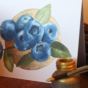 6 cartes de voeux aquarelle myrtille avec accents dorés peints à la main, cartes de correspondance, cartes de voeux aquarelle, cartes de correspondance de myrtille