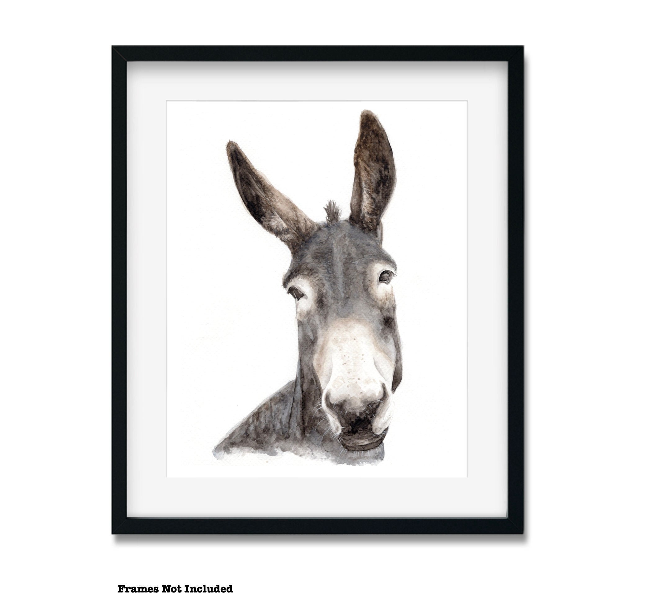 Watercolour Donkey Print, Art print of a Grey Donkey, Farm animal lovers, Cute Animals Art, Prints for kids rooms, Nursery, Living Room Art