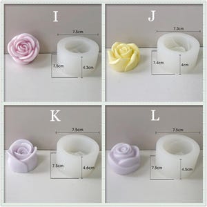May include: Four silicone molds for making rose-shaped soaps or candles. Each mold is 7.5 inches in diameter and has a different depth, ranging from 1.7 inches to 1.8 inches. The molds are shown with finished soap roses in pink, yellow, and purple.