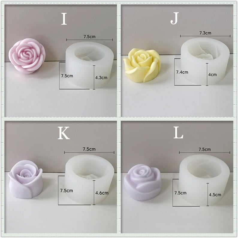 May include: Four silicone molds for making rose-shaped soaps or candles. Each mold is 7.5 inches in diameter and has a different depth, ranging from 1.7 inches to 1.8 inches. The molds are shown with finished soap roses in pink, yellow, and purple.