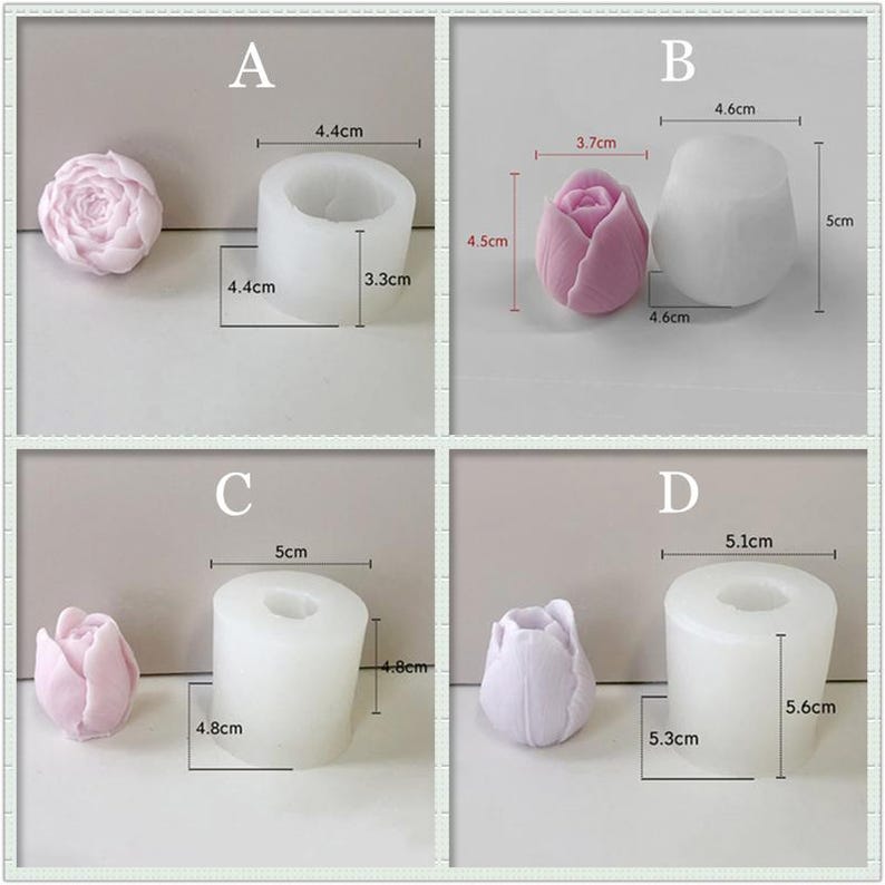 May include: Four silicone molds for making flower-shaped candles. The molds are white and have different sizes. The molds are shown with pink and purple flower-shaped candles.