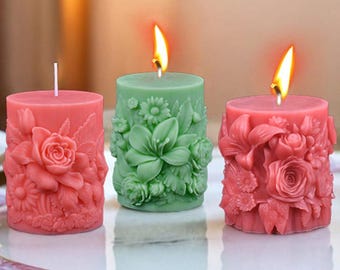 Flower Cylinder Candle Silicone Mold-Rose Lily Flower Candle Mold-Embossed Pillar Candle Mold-Aesthetic Candle Mold-Soy Wax Candle Mold