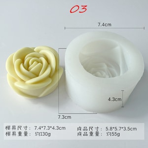 May include: A white silicone mold for making a rose-shaped candle. The mold is 7.4 inches in diameter and 4.3 inches tall. The finished candle is 5.8 inches in diameter and 3.5 inches tall.