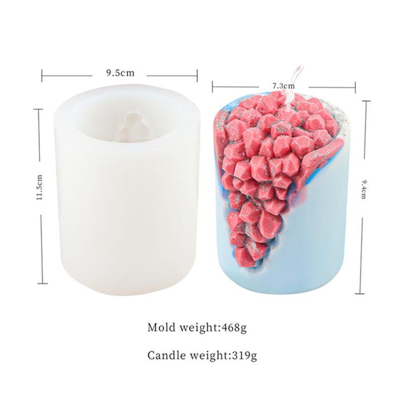 May include: A white silicone mould for making a crystal-shaped candle. The mould is 9.5 cm in diameter and 11.5 cm tall. The finished candle is 7.3 cm in diameter and 9.4 cm tall. Mould weight: 468g. Candle weight: 319g.