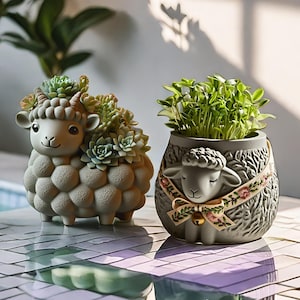May include: Two gray sheep-shaped planters. The left planter is shaped like a standing sheep with a textured wool coat, holding green succulents. The right planter is a rounded pot featuring a sheep face with a floral ribbon and a small bell.