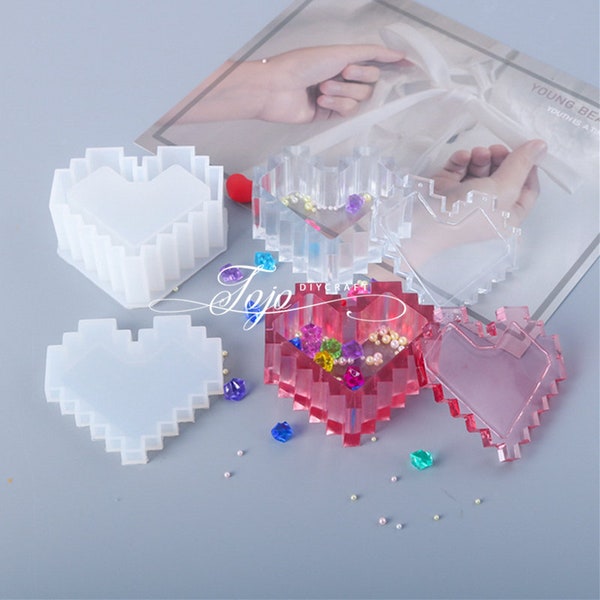 Pixel Corazón En forma de caja de almacenamiento molde-corazón silicona molde-joyería caja mold-abalorios caja molde-epoxi resina moldeado