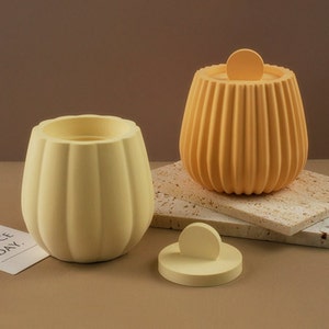 Striped Jar Silicone Mold-Geometric Bottle Resin Mold-Concrete Candle Vessel Mold With Lid-Cement Candle Jar Mold-Jesmonite Trinket Box Mold