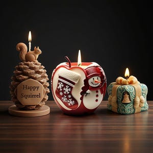 3D Apple Candle Silicone Mold-Christmas Apple Candle Mold-Squirrel Pine Cone Candle Mold-Bell Gift Box Candle Mold-Soy Beeswax Candle Mold