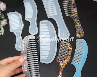 May include: Set of seven clear silicone molds for making resin combs. The molds are shaped like combs with different handle styles.