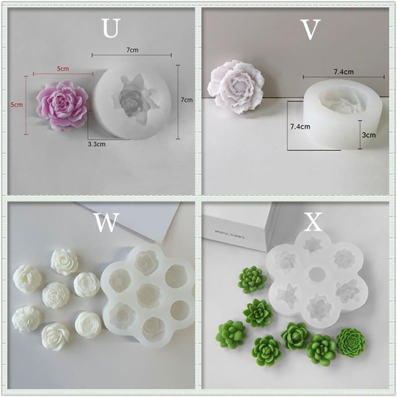 May include: Four silicone molds for making flower and succulent shaped decorations. The molds are 7 cm in diameter and 3 cm deep. The molds are shown with finished decorations.