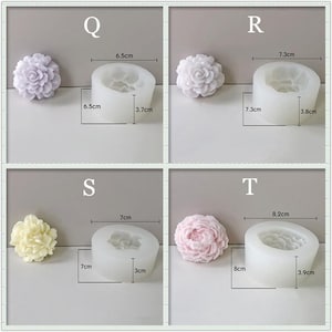 May include: Four silicone molds for making flower-shaped candles. The molds are different sizes, ranging from 6.5 to 8.2 cm in diameter. Each mold has a different design for the flower.