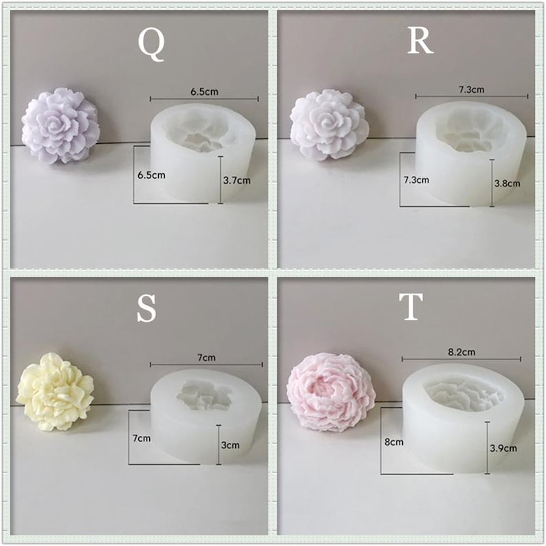 May include: Four silicone molds for making flower-shaped candles. The molds are different sizes, ranging from 6.5 to 8.2 cm in diameter. Each mold has a different design for the flower.