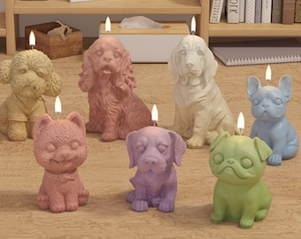 May include: Seven colorful animal-shaped candles, including a dog, a cat, a pug, and a french bulldog. The candles are lit and arranged on a wooden surface.