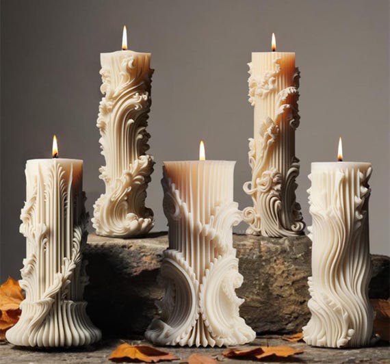 5 styles de moules en silicone pour bougies européennes - Moule pour bougie cylindrique européen - Moule pour bougie sur pilier nervuré - Moule pour