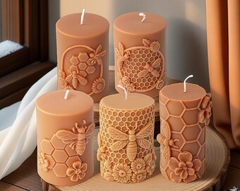 Embossed Beehive Cylinder Candle Mold-Bee Honeycomb Candle Mold-Flowers Honeycomb Candle Mold-Beeswax Pillar Candle Mold-Soy Wax Candle Mold
