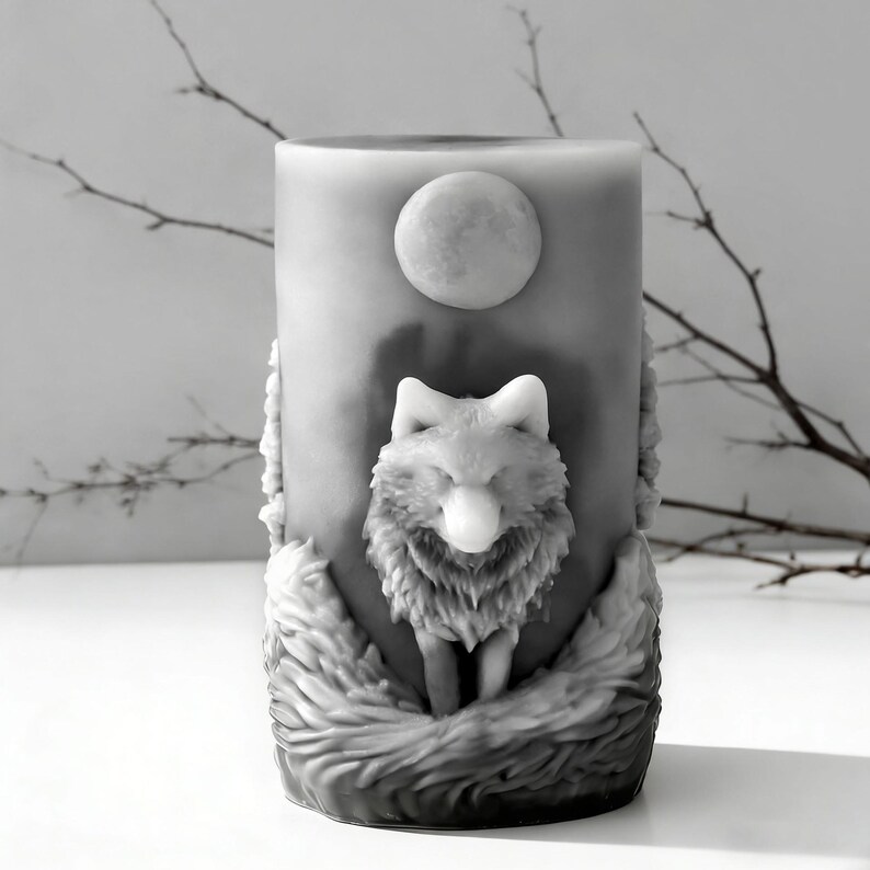 Moon Wolf Candle Silicone Mold-Forest Wolf Candle Mold-Howling Wolf Resin Mold-Embossed Pillar Candle Mold-DIY Aromatherapy Plaster Mold image 2