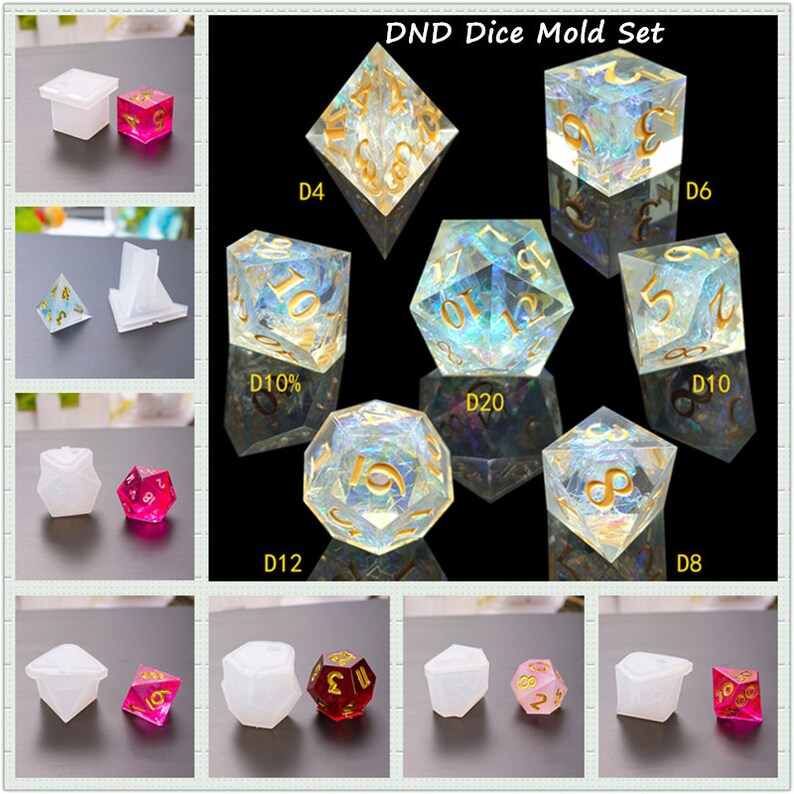 May include: A DND dice mold set with various dice shapes, including D4, D6, D8, D10, D12, and D20. The dice are clear with gold-colored numbers. Some dice are shown in molds, and others are finished in pink and red.