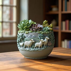 Può includere: Un vaso in ceramica grigio chiaro con un design in rilievo raffigurante un paesaggio pastorale con tre pecore bianche, alberi verdi e montagne. Il vaso è riempito con una varietà di piante succulente verdi e viola sulla parte superiore.