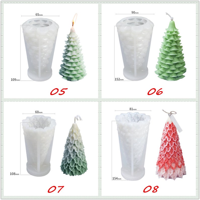 May include: Four silicone molds for making Christmas tree candles. The molds are clear and have a textured surface. The candles are green, red, and white. The molds are labeled with numbers 05, 06, 07, and 08.