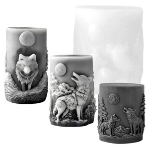 Moon Wolf Candle Silicone Mold-Forest Wolf Candle Mold-Howling Wolf Resin Mold-Embossed Pillar Candle Mold-DIY Aromatherapy Plaster Mold 3Pcs/Set Mold