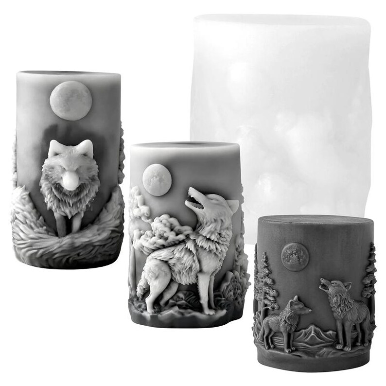 Moon Wolf Candle Silicone Mold-Forest Wolf Candle Mold-Howling Wolf Resin Mold-Embossed Pillar Candle Mold-DIY Aromatherapy Plaster Mold 3Pcs/Set Mold